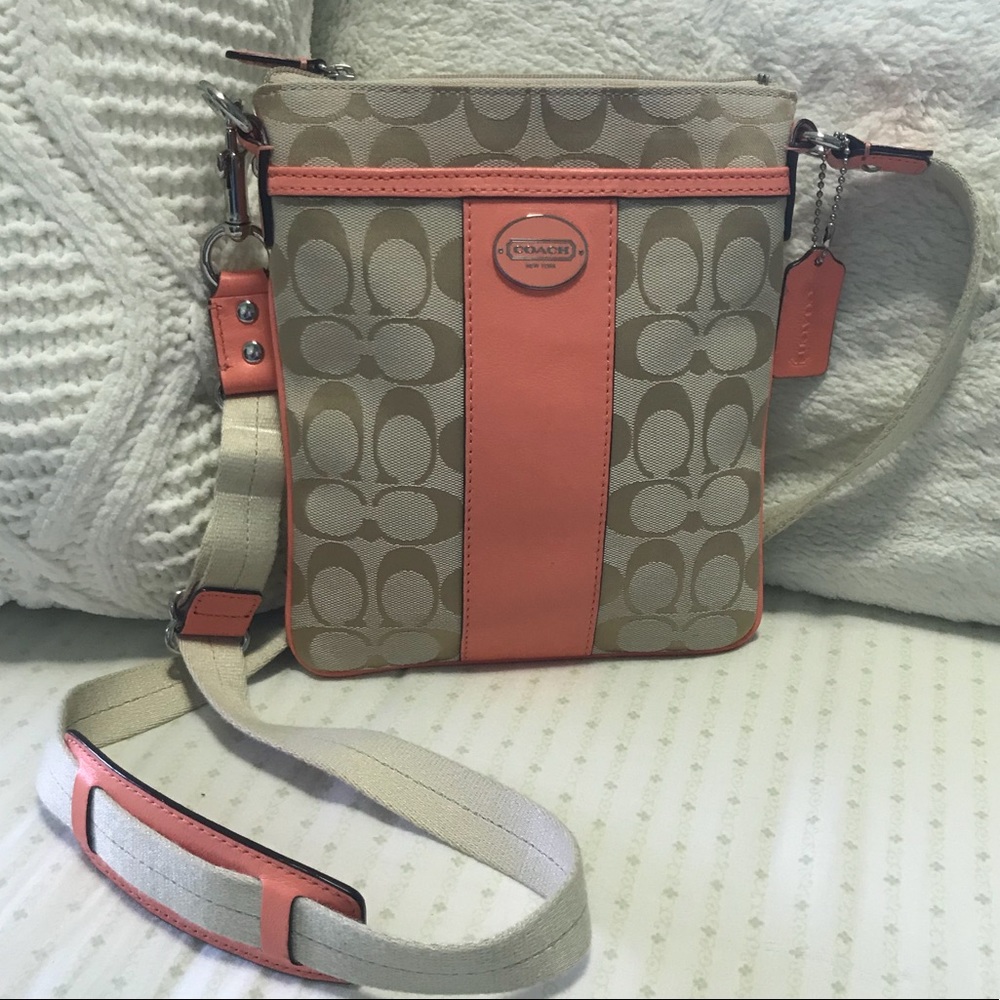 Beige and Coral Coach Messenger Crossbody Purse